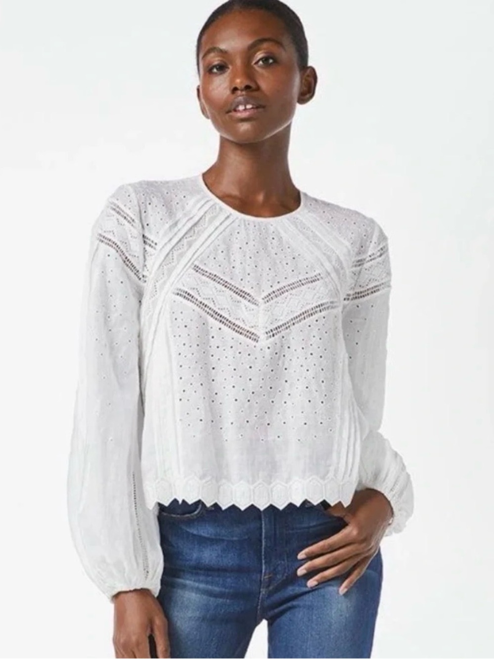 Frame Denim White Eyelet Lace-Trim Peasant Blouse